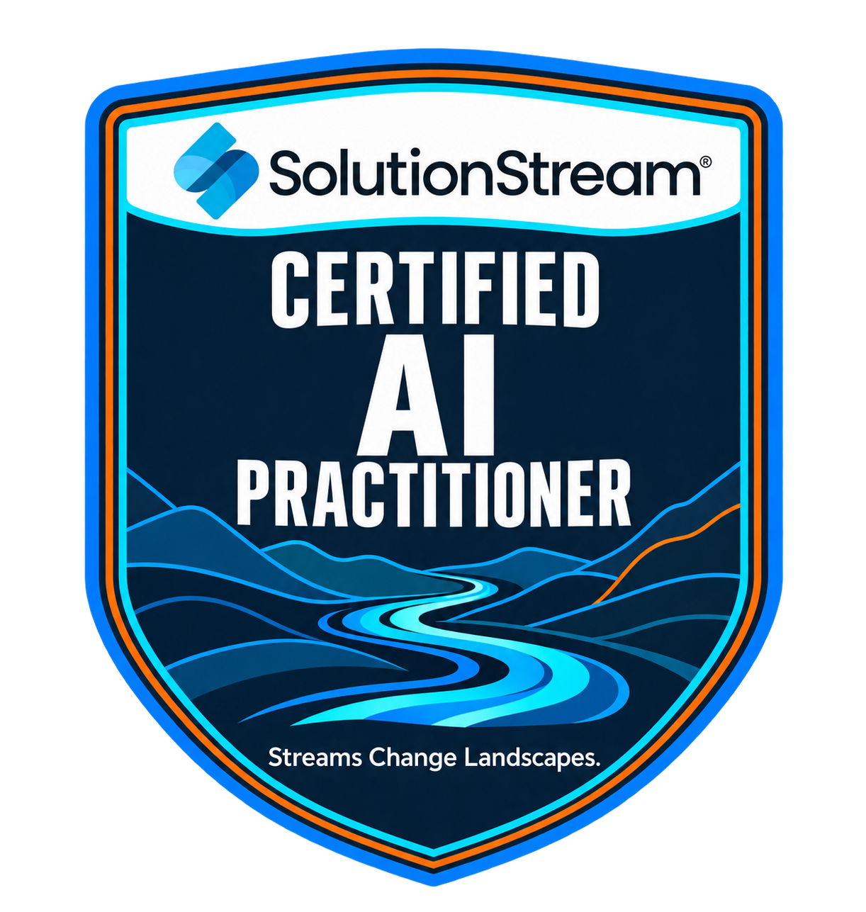 SolutionStream Certified AI Practitioner badge. Streams Change Landscapes.